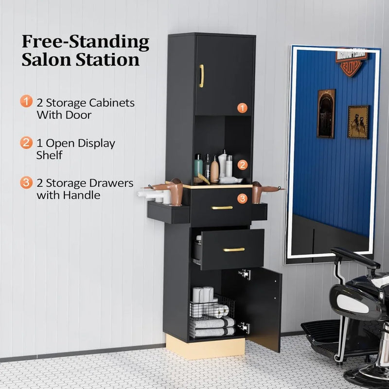 Tower Hair Salon Station with 2 Drawers & 2 Storage Cabinets