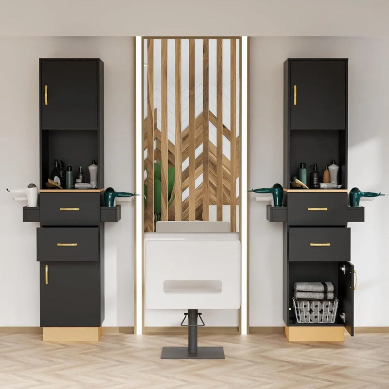 Tower Hair Salon Station with 2 Drawers & 2 Storage Cabinets